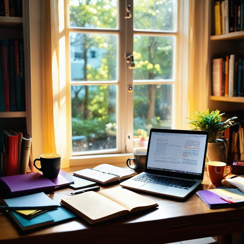 A cozy workspace featuring an open diary with handwritten notes, surrounded by a laptop displaying a vibrant digital platform. Sunlight streaming through a window, illuminating a cup of coffee and colorful stationery. In the background, a large bookshelf filled with inspiring books on writing and creativity, symbolizing the evolution from traditional journaling to digital engagement. warm tones. soft focus. painting.