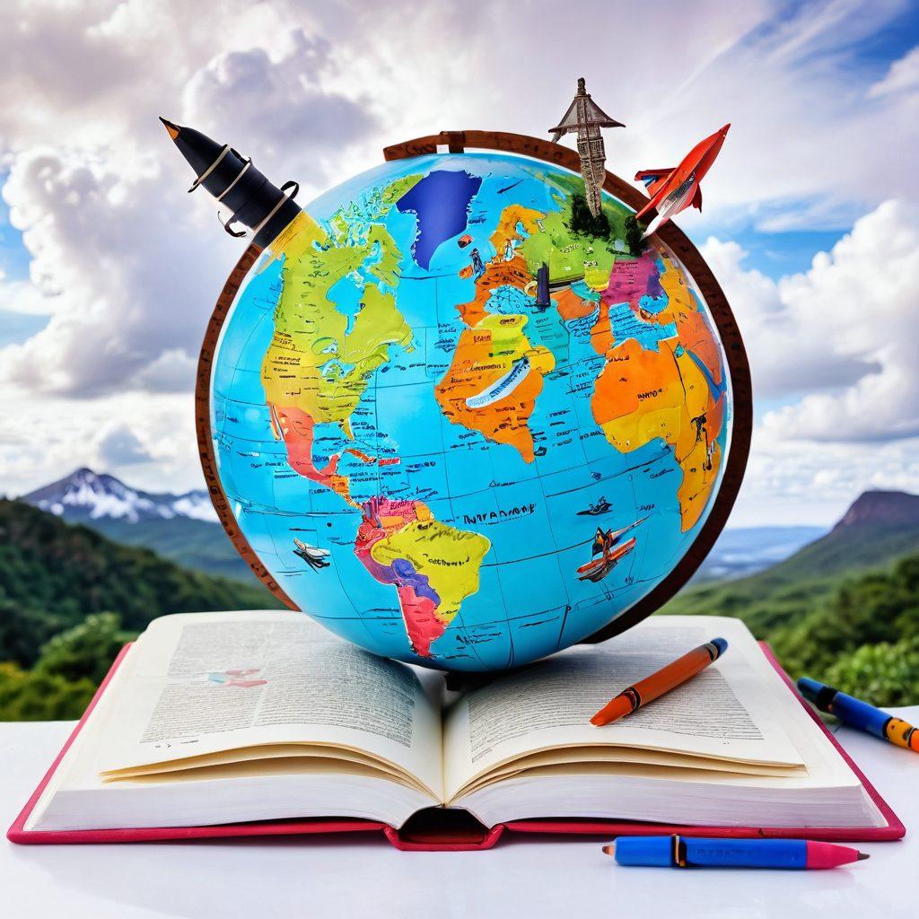 A vibrant globe with colorful markers dotted around, symbolizing different travel destinations, intertwined with a quill pen and an open journal, creating a sense of adventure and storytelling. In the background, lush landscapes and iconic landmarks fade into a dreamy sky. super-realistic. vibrant colors. white background.