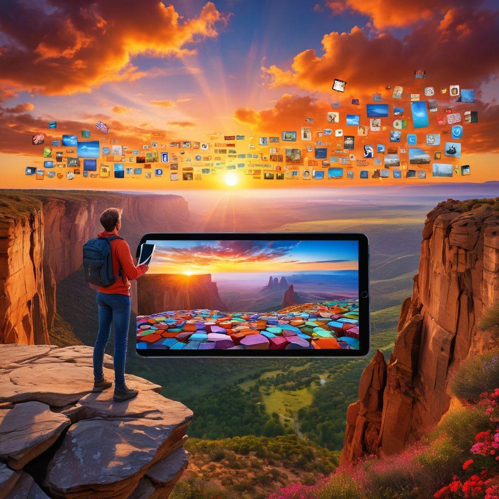 A traveler standing on a cliff overlooking a vast landscape, surrounded by floating words and phrases related to travel and storytelling. The sky is filled with vibrant colors of sunset, while a digital tablet in the traveler's hand displays a collage of blog posts and images from various adventures. The scene conveys a sense of exploration and creativity. super-realistic. vibrant colors. epic landscape.